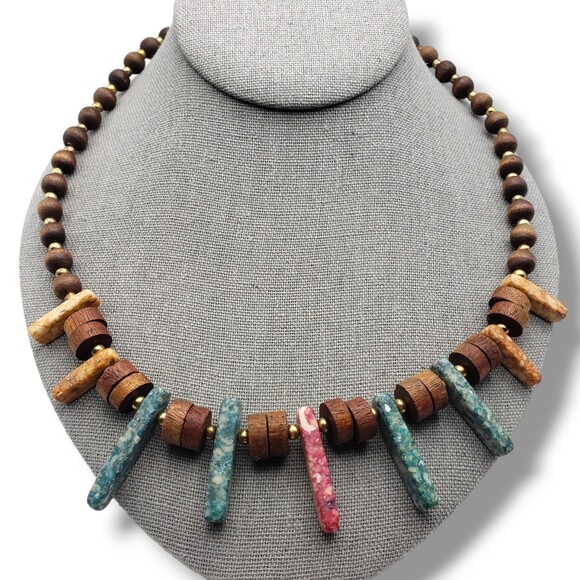 Vintage Wood Bead Alternating Gold Tone Spacers Natural Stone Drop Necklace Boho - Picture 8 of 9
